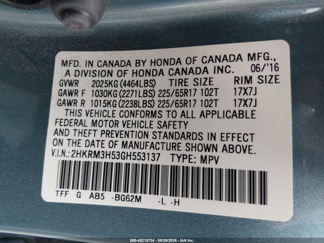 Honda CR-V EX 2016 2HKRM3H53GH553137 Image 9