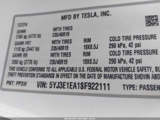 Продажа на аукционе авто 2025 Tesla Model 3 Long Range Rear-wheel Drive/standard Rear-wheel Drive, vin: 5YJ3E1EA1SF922111, номер лота: 45218740