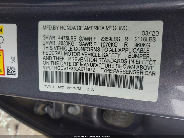2020 Honda Accord Sport მანქანა იყიდება აუქციონზე, vin: 1HGCV1F35LA075072, აუქციონის ნომერი: 45218763