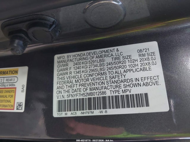 Aukcja sprzedaży 2021 Honda Passport 2wd Ex-l, vin: 5FNYF7H52MB012586, numer aukcji: 45218770