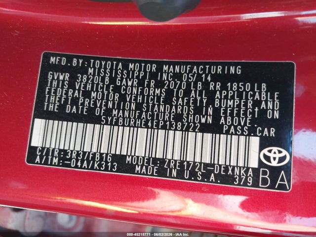 Aukcja sprzedaży 2014 Toyota Corolla Le, vin: 5YFBURHE4EP138722, numer aukcji: 45218771