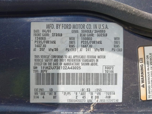 Продаж на аукціоні авто 2002 Ford Explorer Xlt, vin: 1FMZU73E12ZA43025, номер лоту: 45218786