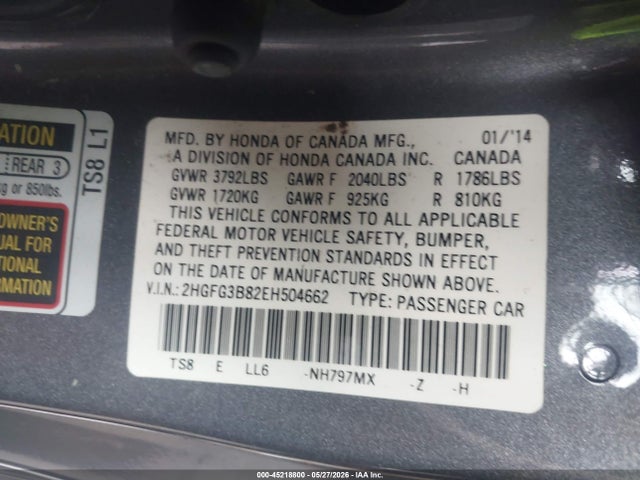 Honda CIVIC EX 2014 2HGFG3B82EH504662 Image 9