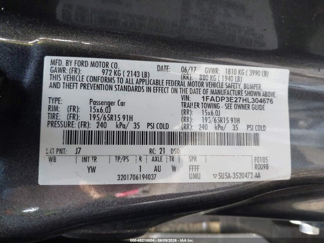 Aukcja sprzedaży 2017 Ford Focus S, vin: 1FADP3E27HL304676, numer aukcji: 45218804