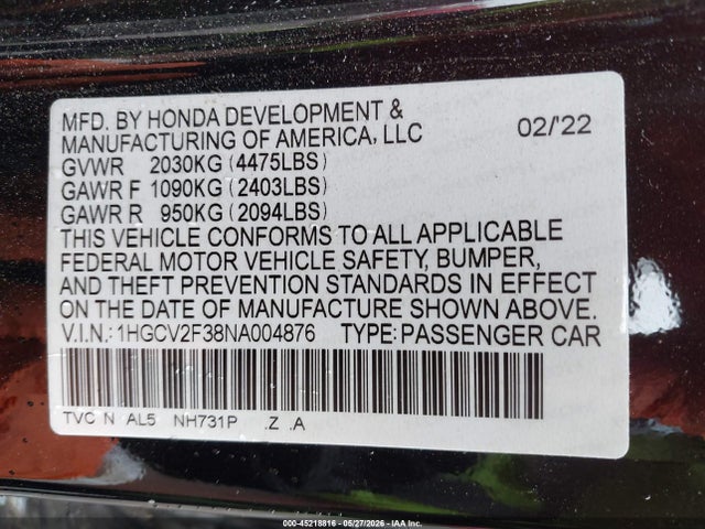Продаж на аукціоні авто 2022 Honda Accord Sport 2.0t, vin: 1HGCV2F38NA004876, номер лоту: 45218816
