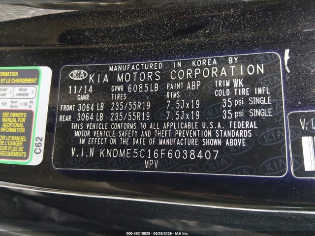 Aukcja sprzedaży 2015 Kia Sedona Sx Luxury, vin: KNDME5C16F6038407, numer aukcji: 45218825