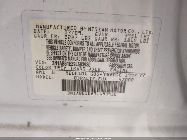 45218824 :رقم المزاد ، 3N1AB61E29L693930 vin ، 2009 Nissan Sentra 2.0sr مزاد بيع