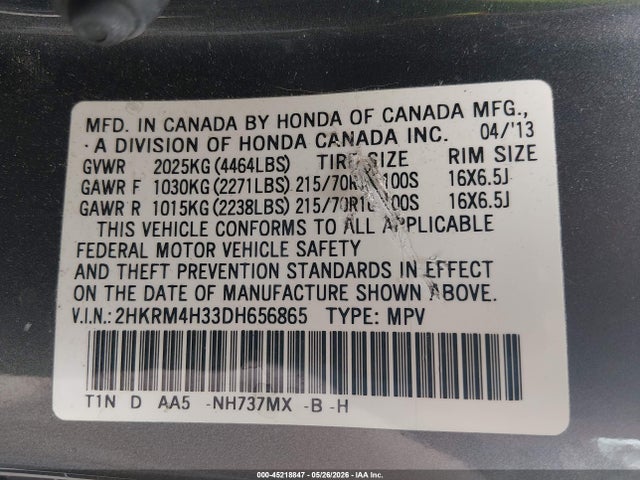 45218847 :رقم المزاد ، 2HKRM4H33DH656865 vin ، 2013 Honda Cr-v Lx مزاد بيع