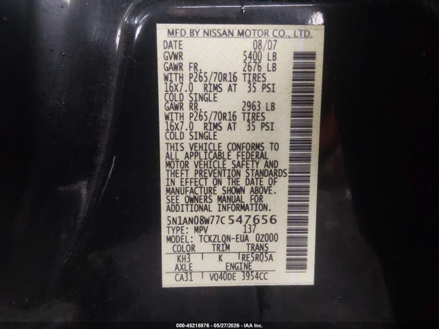 Продаж на аукціоні авто 2007 Nissan Xterra X, vin: 5N1AN08W77C547656, номер лоту: 45218876
