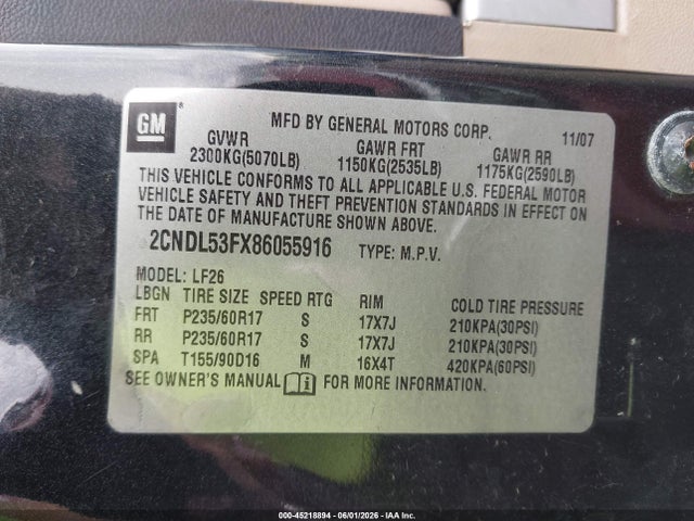 45218894 :رقم المزاد ، 2CNDL63F286055883 vin ، 2008 Chevrolet Equinox Lt مزاد بيع