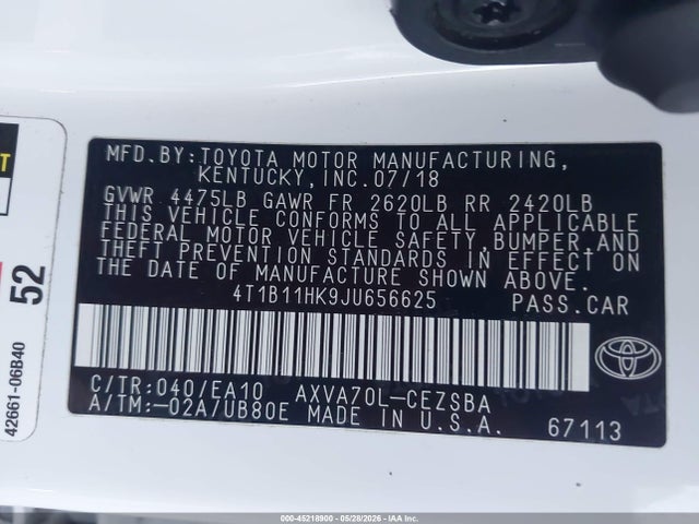 4T1B11HK9JU656625 Toyota CAMRY SE