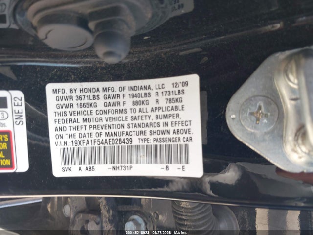 45218923 :رقم المزاد ، 19XFA1F54AE028439 vin ، 2010 Honda Civic Lx مزاد بيع