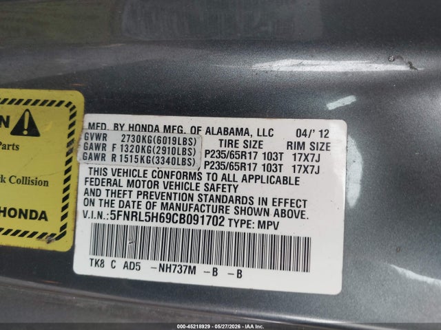 Продаж на аукціоні авто 2012 Honda Odyssey Ex-l, vin: 5FNRL5H69CB091702, номер лоту: 45218929