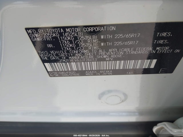 Aukcja sprzedaży 2018 Toyota Rav4 Le, vin: JTMZFREV6JJ176013, numer aukcji: 45218944