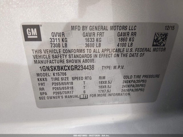 Продажа на аукционе авто 2016 Chevrolet Tahoe Lt, vin: 1GNSKBKCXGR234438, номер лота: 45218953
