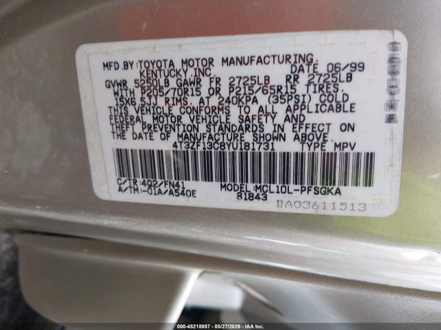 Aukcja sprzedaży 2000 Toyota Sienna Le, vin: 4T3ZF13C8YU181731, numer aukcji: 45218957