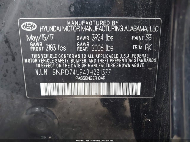 Aukcja sprzedaży 2018 Hyundai Elantra Se, vin: 5NPD74LF4JH231377, numer aukcji: 45218962