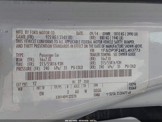 Продажа на аукционе авто 2014 Ford Focus Se, vin: 1FADP3F24EL403773, номер лота: 45218988