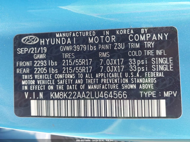 Aukcja sprzedaży 2020 Hyundai Kona Sel, vin: KM8K22AA2LU464566, numer aukcji: 45218990