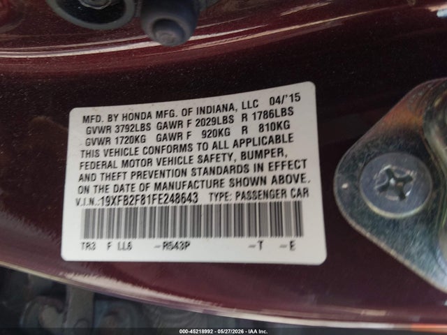 Honda CIVIC EX 2015 19XFB2F81FE248643 Image 9
