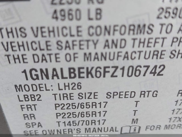 Aukcja sprzedaży 2015 Chevrolet Equinox 1lt, vin: 1GNALBEK6FZ106742, numer aukcji: 45219015