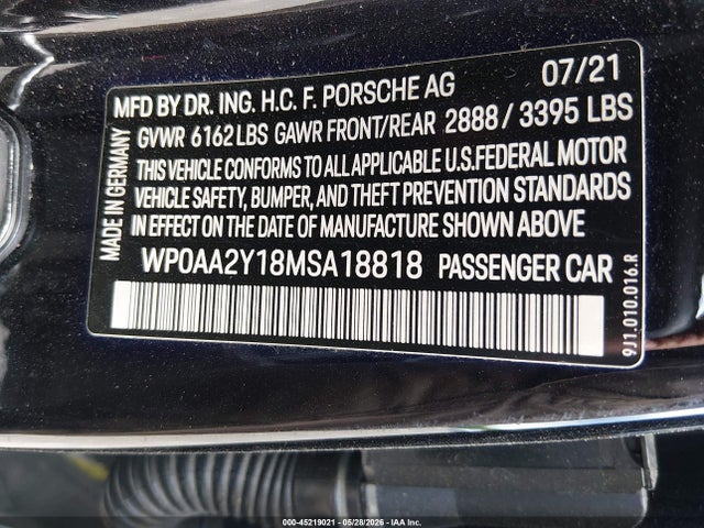 Продажа на аукционе авто 2021 Porsche Taycan, vin: WP0AA2Y18MSA18818, номер лота: 45219021
