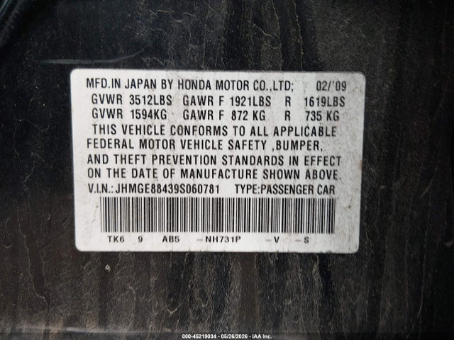 45219034 :رقم المزاد ، JHMGE88439S060781 vin ، 2009 Honda Fit Sport مزاد بيع