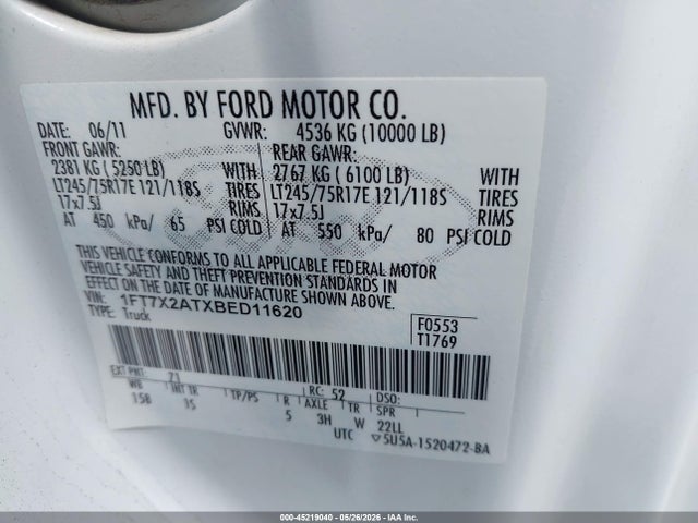 2011 Ford F-250 Xl მანქანა იყიდება აუქციონზე, vin: 1FT7X2ATXBED11620, აუქციონის ნომერი: 45219040