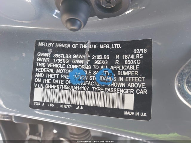 SHHFK7H56JU414107 Honda CIVIC EX