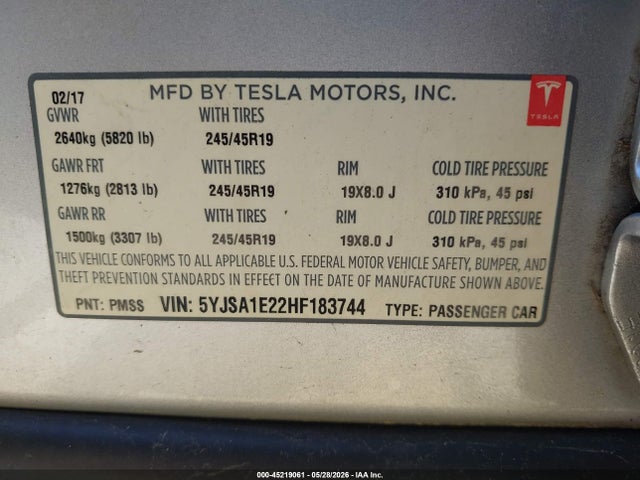 Tesla Model S 100d/60d/75d/90d/p100d 2017 5YJSA1E22HF183744 Image 9