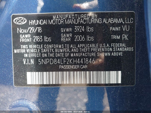 45219065 :رقم المزاد ، 5NPD84LF2KH441846 vin ، 2019 Hyundai Elantra Value Edition مزاد بيع