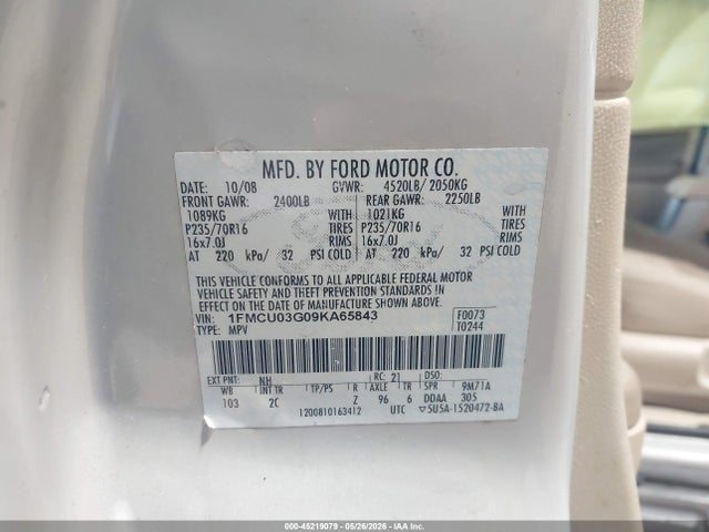 Продаж на аукціоні авто 2009 Ford Escape Xlt, vin: 1FMCU03G09KA65843, номер лоту: 45219079