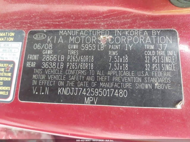 45219083 :رقم المزاد ، KNDJJ742595017480 vin ، 2009 Kia Borrego Ex V8 مزاد بيع