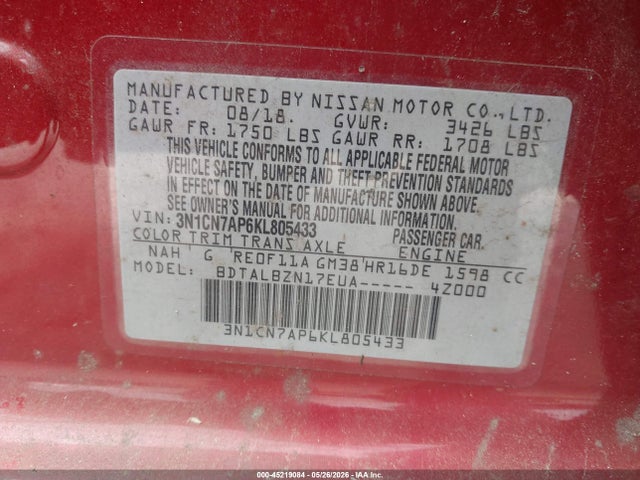 45219084 :رقم المزاد ، 3N1CN7AP6KL805433 vin ، 2019 Nissan Versa 1.6 Sv مزاد بيع