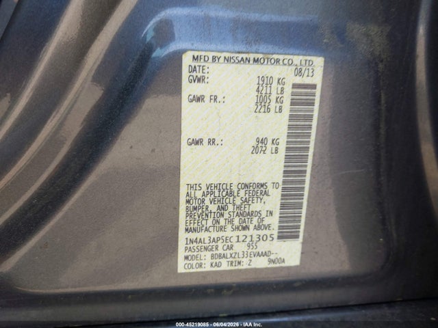 Продаж на аукціоні авто 2014 Nissan Altima 2.5 Sl, vin: 1N4AL3AP5EC121305, номер лоту: 45219085