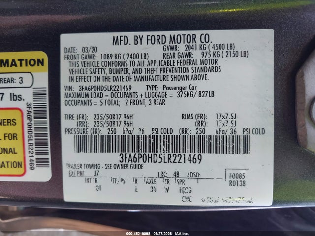 45219098 :رقم المزاد ، 3FA6P0HD5LR221469 vin ، 2020 Ford Fusion Se مزاد بيع