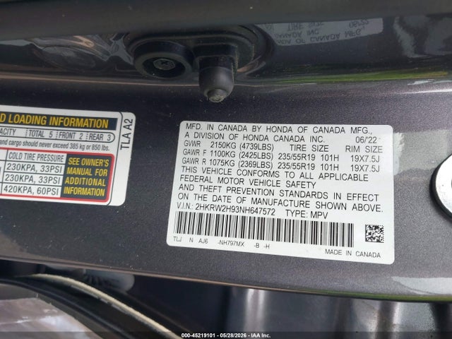 2022 Honda Cr-v Awd Touring მანქანა იყიდება აუქციონზე, vin: 2HKRW2H93NH647572, აუქციონის ნომერი: 45219101