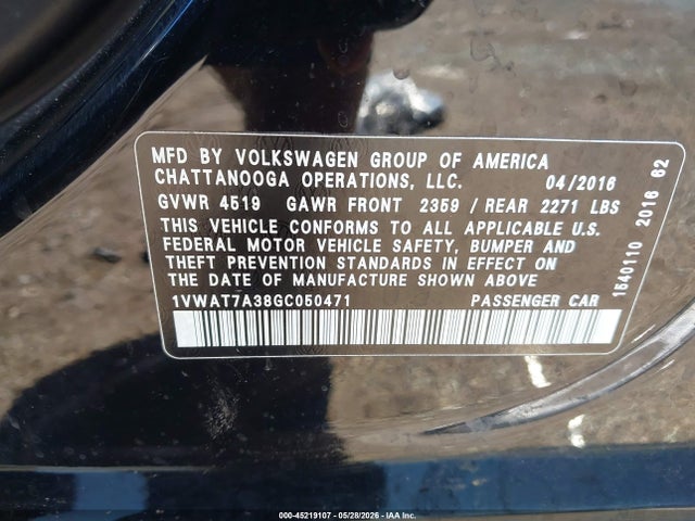 2016 Volkswagen Passat 1.8t S მანქანა იყიდება აუქციონზე, vin: 1VWAT7A38GC050471, აუქციონის ნომერი: 45219107