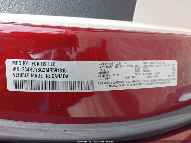 Aukcja sprzedaży 2021 Chrysler Pacifica Touring L, vin: 2C4RC1BG2MR591815, numer aukcji: 45219111
