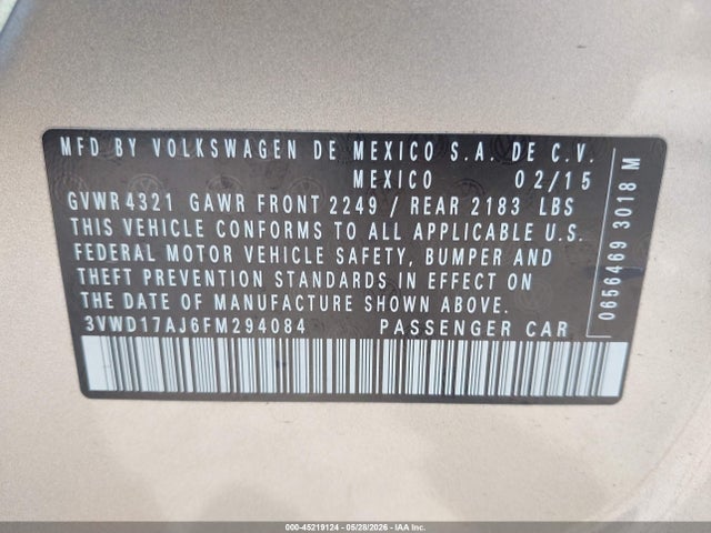 Aukcja sprzedaży 2015 Volkswagen Jetta 1.8t Se, vin: 3VWD17AJ6FM294084, numer aukcji: 45219124