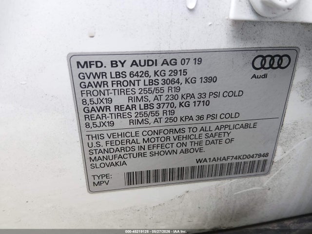 Aukcja sprzedaży 2019 Audi Q7 45 Premium/45 Se Premium, vin: WA1AHAF74KD047948, numer aukcji: 45219128