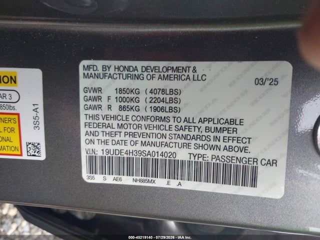 45219140 :رقم المزاد ، 19UDE4H62RA019273 vin ، 2024 Acura Integra A-spec Technology مزاد بيع