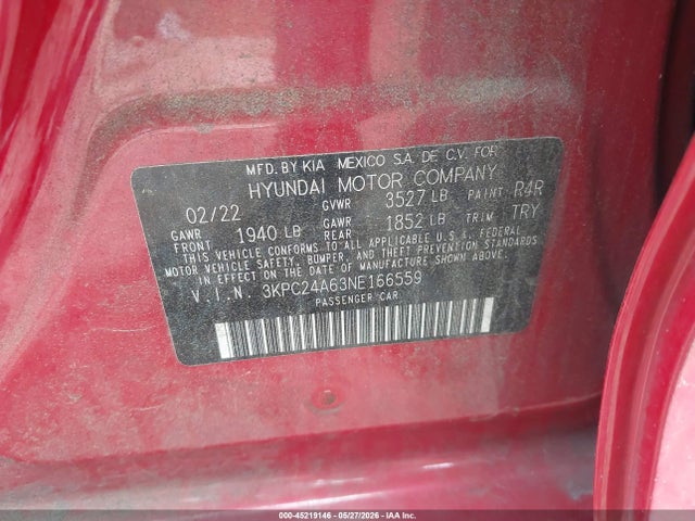 Продаж на аукціоні авто 2022 Hyundai Accent Se, vin: 3KPC24A63NE166559, номер лоту: 45219146