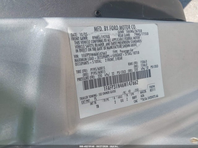 Aukcja sprzedaży 2006 Ford Focus Zx3, vin: 1FAFP31N46W147662, numer aukcji: 45219148