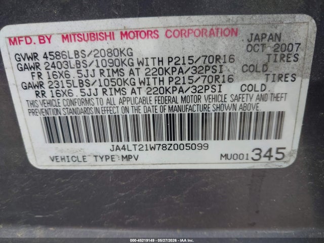Продаж на аукціоні авто 2008 Mitsubishi Outlander Es, vin: JA4LT21W78Z005099, номер лоту: 45219149