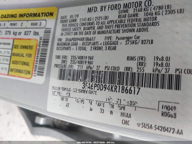 Aukcja sprzedaży 2019 Ford Fusion Titanium, vin: 3FA6P0D94KR186617, numer aukcji: 45219154