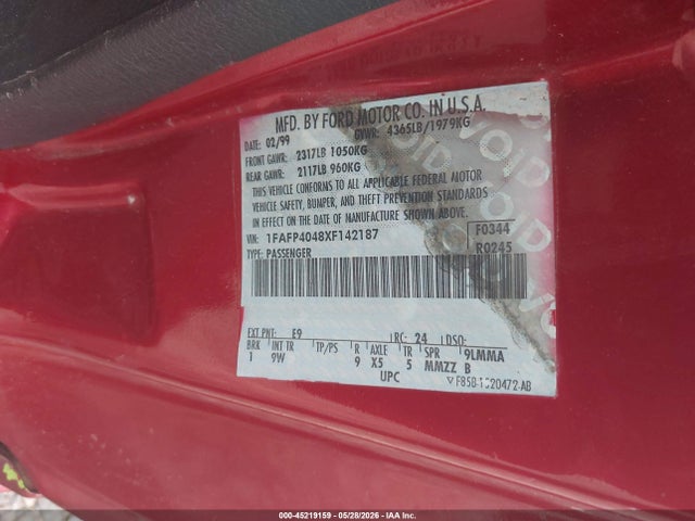 Aukcja sprzedaży 1999 Ford Mustang, vin: 1FAFP4048XF142187, numer aukcji: 45219159