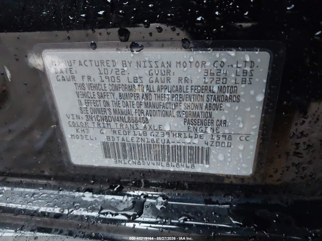 Продаж на аукціоні авто 2022 Nissan Versa 1.6 S Xtronic Cvt, vin: 3N1CN8DV4NL868468, номер лоту: 45219164