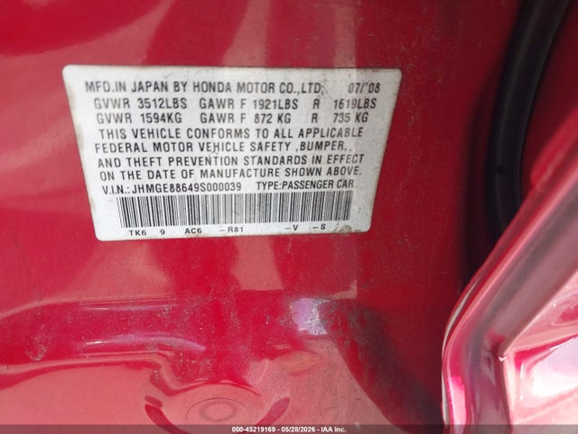 45219169 :رقم المزاد ، JHMGE88649S000039 vin ، 2009 Honda Fit Sport مزاد بيع