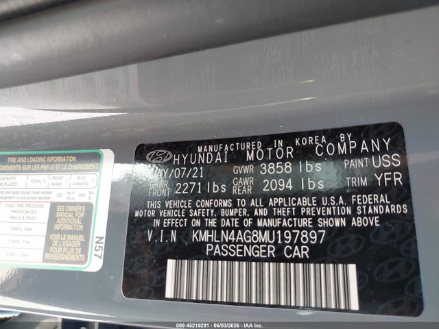 Aukcja sprzedaży 2021 Hyundai Elantra Sel, vin: KMHLN4AG8MU197897, numer aukcji: 45219201